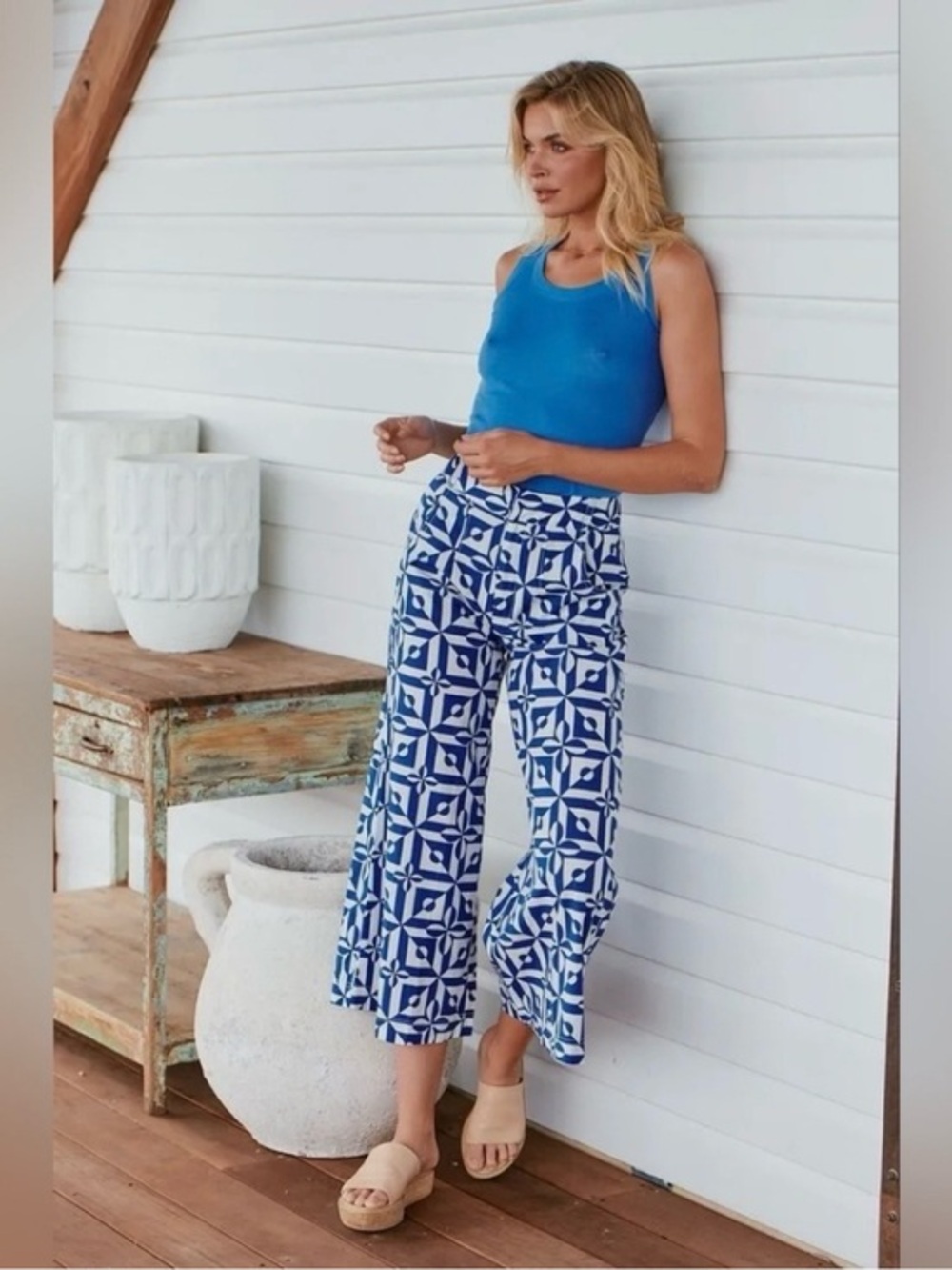 Free People‎ Menocra Cropped Printed Pant in Cobalt Size 2